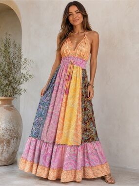 BOHO Luxury Colorblock Paisley Maxi Dress with Tassel Tie‎ Silk and Viscose